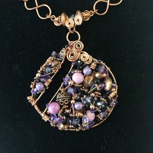 Sue Broadway - 2 inch Purple Signature Pendant, Mixed Beads with Copper Wire