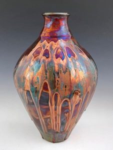 Raku and Glass Vase, 17h x 11.5w Tag #3